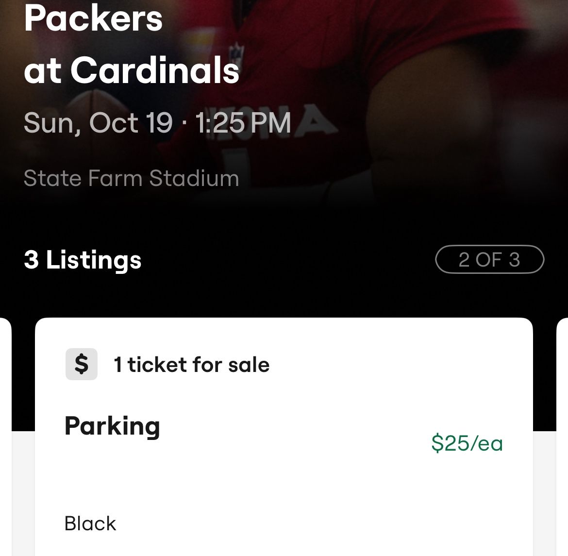 Arizona Cardinals vs Green Bay Packers BLACK GARAGE PARKING PASS