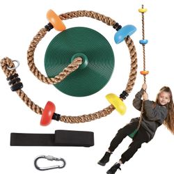 TURFEE Tree Swing for Kids - Single Disc Seat and Climbing Rope Set w/Carabiner & 4 Ft Strap - Treehouse and Outdoor Playground Accessories - Green ﻿