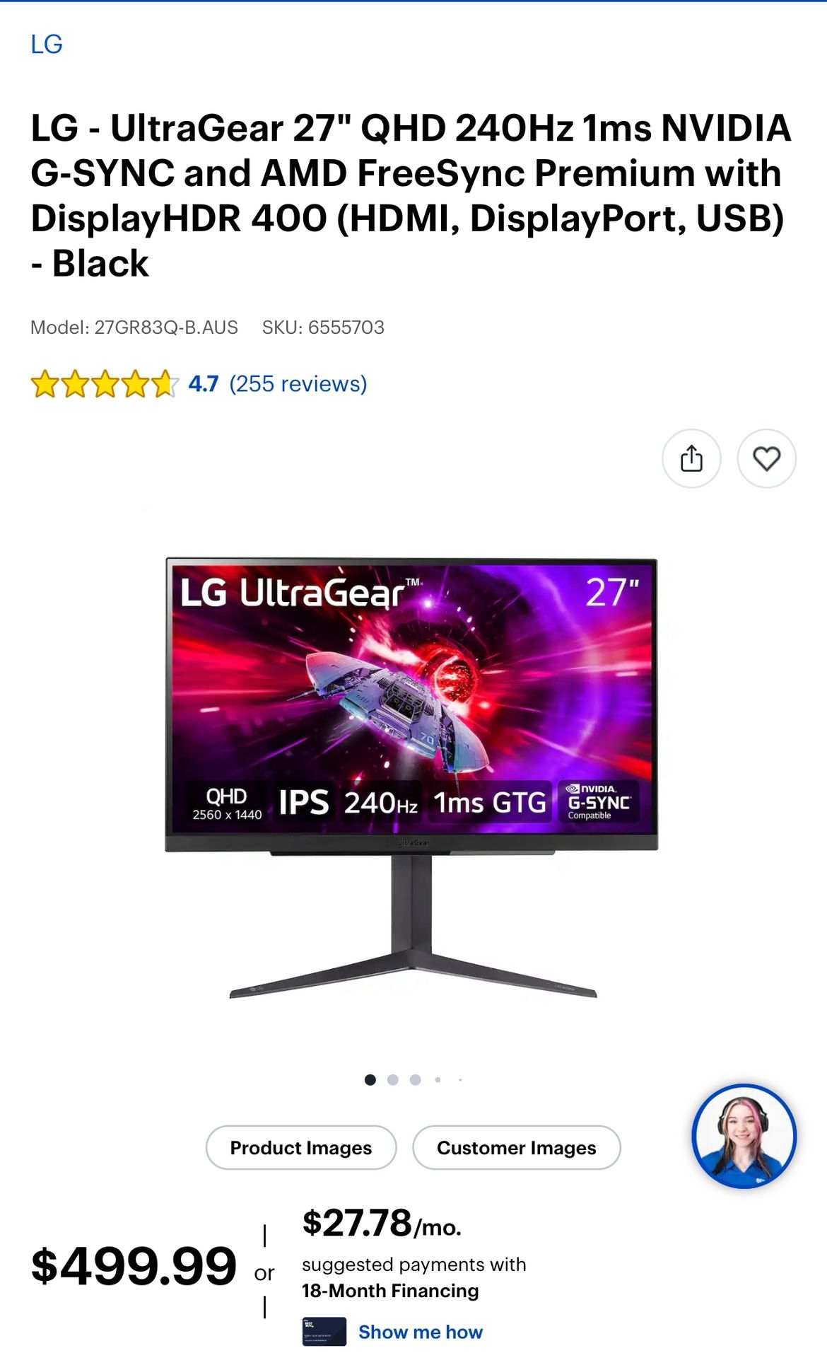 LG UltraGear 27” Gaming Monitor 240hz