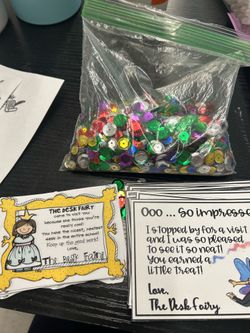 "Desk Fairy" cards and sequins for students