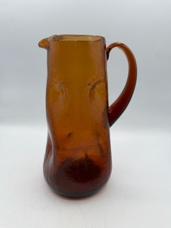 Vintage Blenko or Pilgrim Glass Amber Dimple Pinched Pitcher Crackled Glass
