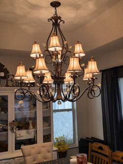 Large Bronze Scroll Chandelier with Bell Shades