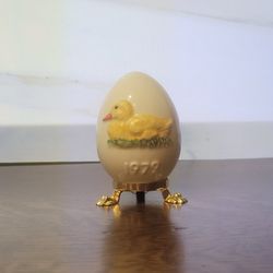 Vintage Goebel 1979 Second Edition Annual Easter Egg Porcelain Figurine - Sunny Yellow Duckling on Lush Grass with Gold Claw-Foot Stand