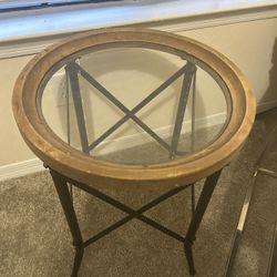 Round Industrial Side Table – Glass Top with Wood Border