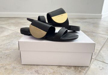 Calvin Klein Brinda Sandals Size  8 Womens Black Leather Open Toe Metal Logo