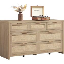 New assembled 7 Drawer Dresser for Bedroom, 57" Wide Rattan Dressers, Large Chest of Drawers for Bedroom, Dresser TV Stand, Boho Closet Organizer (Rec