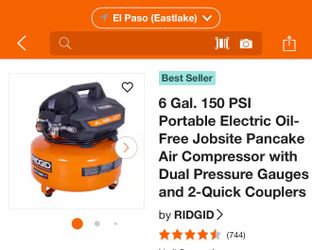 6 Gal. 150 PSI Portable Electric Oil-Free Jobsite Pancake Air Compressor with Dual Pressure Gauges and 2-Quick Couplers by RIDGID