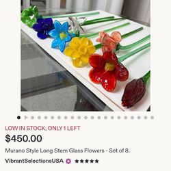 Murano Hand blown glass flowers total of 7 flowers and 4 glass leafs