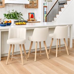 26''H Modern Faux Leather Swivel High Back Bar Stools, Ivory (Set of 3)