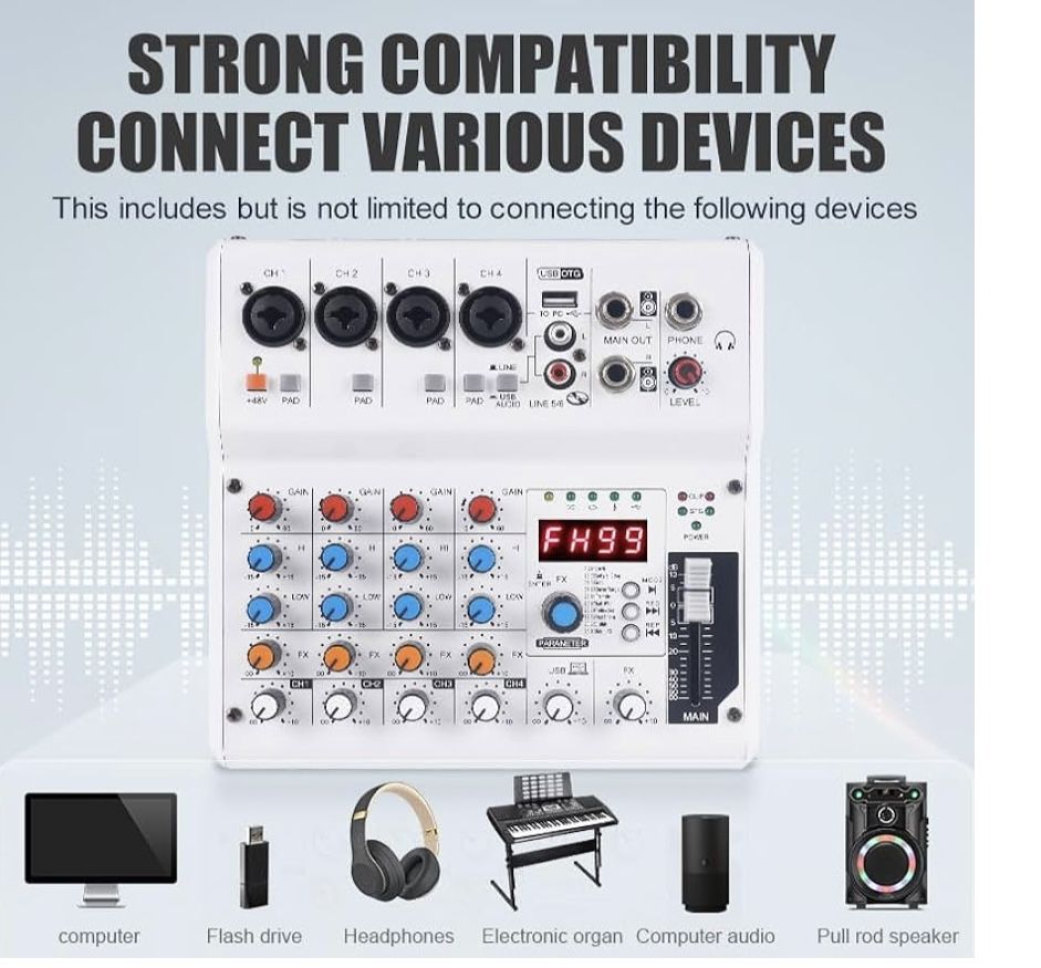 GX-06 White 6-Channel Portable Audio Mixer with 99 Sound