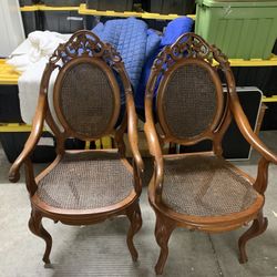 Antique Carved Wood and Wicker Chair Set Of 2