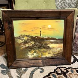 Vintage Framed Lighthouse Oil Painting 