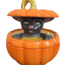 Halloween Black Cat Pumpkin Cookie Treat Jar Canister Ceramic Lid Vintage Y2K
