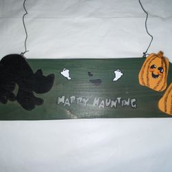 wood Halloween sign black cat pumpkins ghost decor decoration handmade