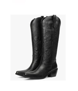 Size 7.5 Western Cowboy Boots for Women - Knee High Wide Calf Cowgirl Boots, Slip On Pointed Toe Chunky Heel Fashion Retro Classic Pull On Tall Boot f