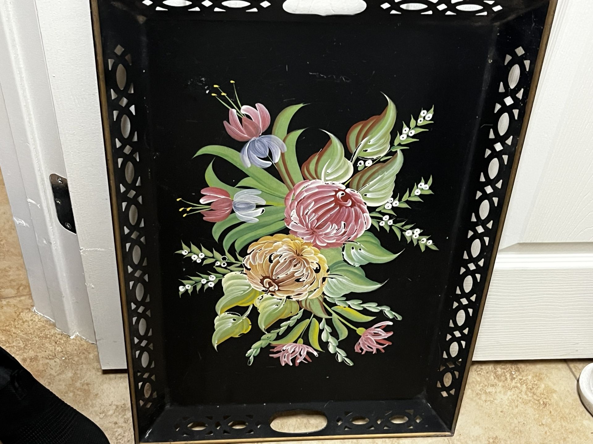 Vintage Tole Floral Hand Painted Metal Xtra Large Tray