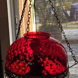 ANTIQUE VICTORIAN CRANBERRY HONEYCOMB HANGING PARLOR LAMP