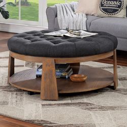 Natural Tone Dark Gray Round Tufted Ottoman Coffee Table Otomana Mesa Sala Venta Furniture Sale Muebles