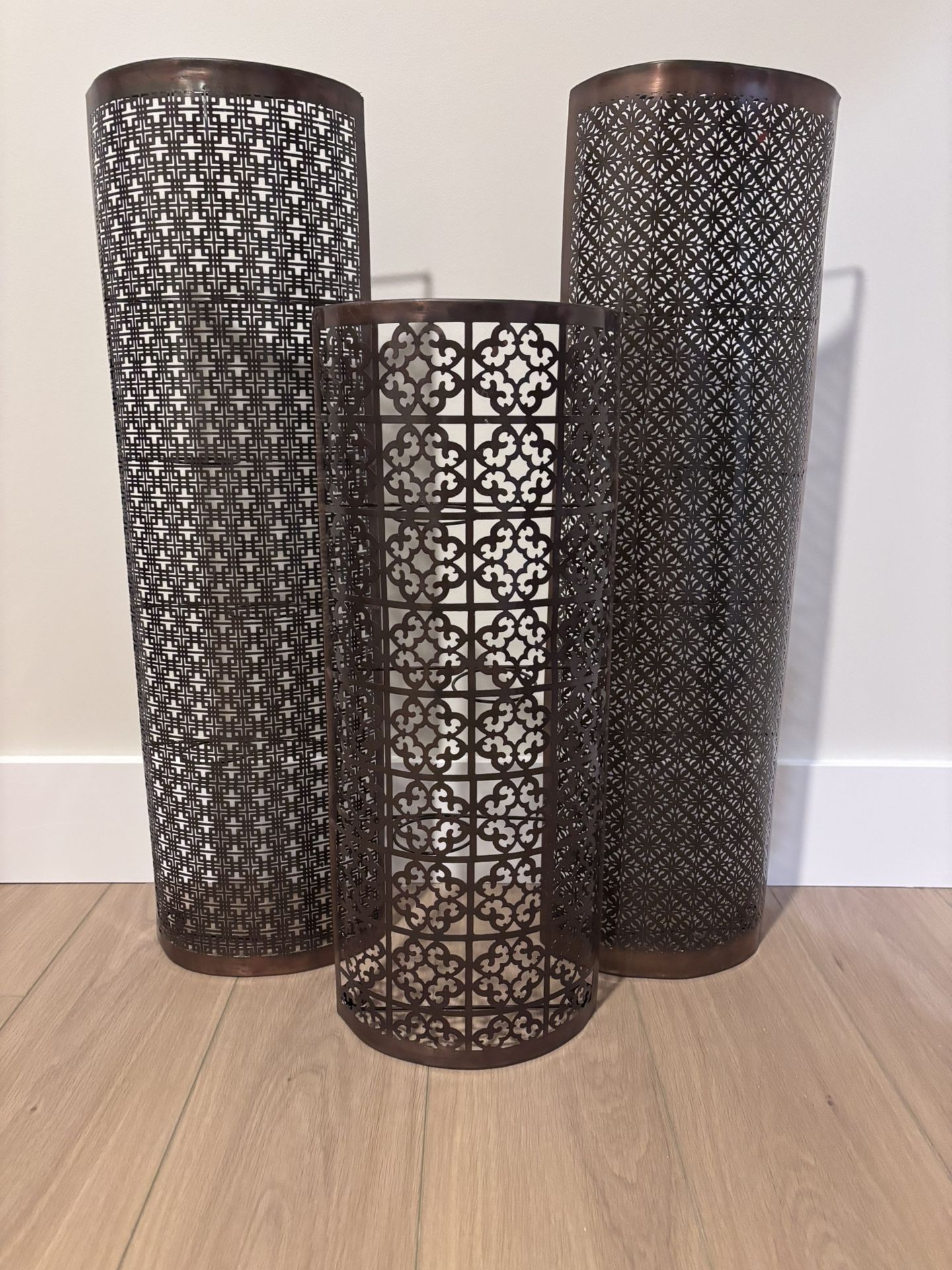 Set Of Three Tall Metal Candle Holders
