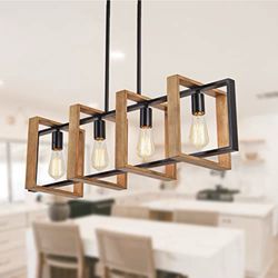 Dining Room Light Fixture Farmhouse Pendant Lights Kitchen Island Rustic Kitchen Light Fixtures 4 Lights Wood and Black Metal Rectangular Chandelier C