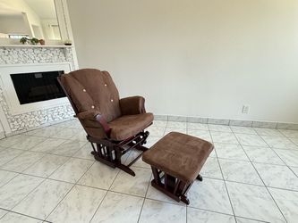 High-quality wooden glider and ottoman combo set featuring rich cherry wood frames paired with soft /Rocking chair