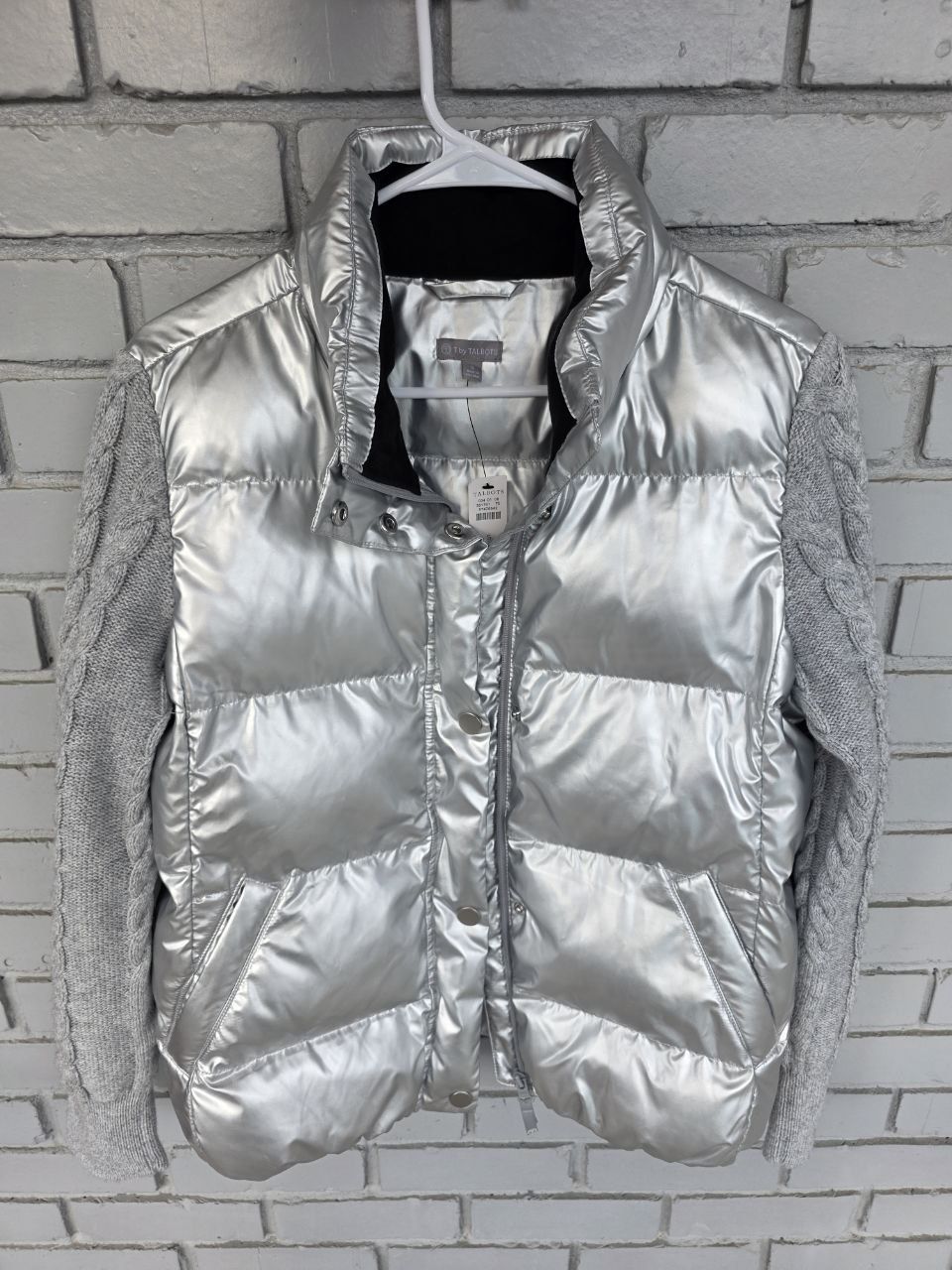 Talbots Metallic Puffer Jacket Cable Knit Sleeves Silver Size S NEW