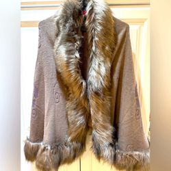 Brown Faux Fur Trim Cape Cardigan one size