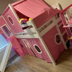 Princess Low Loft Bed with Slide Pink & White Tent and Tower, Loft Bed, Twin, White