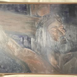 Original Oil on Canvas Painting of Jesus Christ on the Cross in Mid-Mod Frame - 1969