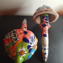 GORGEOUS NEW Pair of Mexican Talavera Folk Art 14" Mushroom Figurines.
