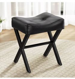 Memobarco 18-Inch Leather Vanity Stool Chair, Vanity Bench with Metal X-Leg, Ottoman Accent Stool with Thick Padded Saddle Seat, Black