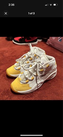Reebok FV6387 Leather Low Top Sneakers White/Yellow Lace-Up Kids US 13