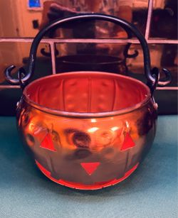 Great copper and black iron handle Jack O Lantern