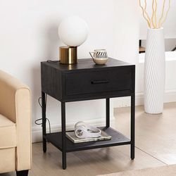 Black Nightstand Modern End Table Side Table with Drawer and Storage Shelf Wood Night Stand Bedside Table