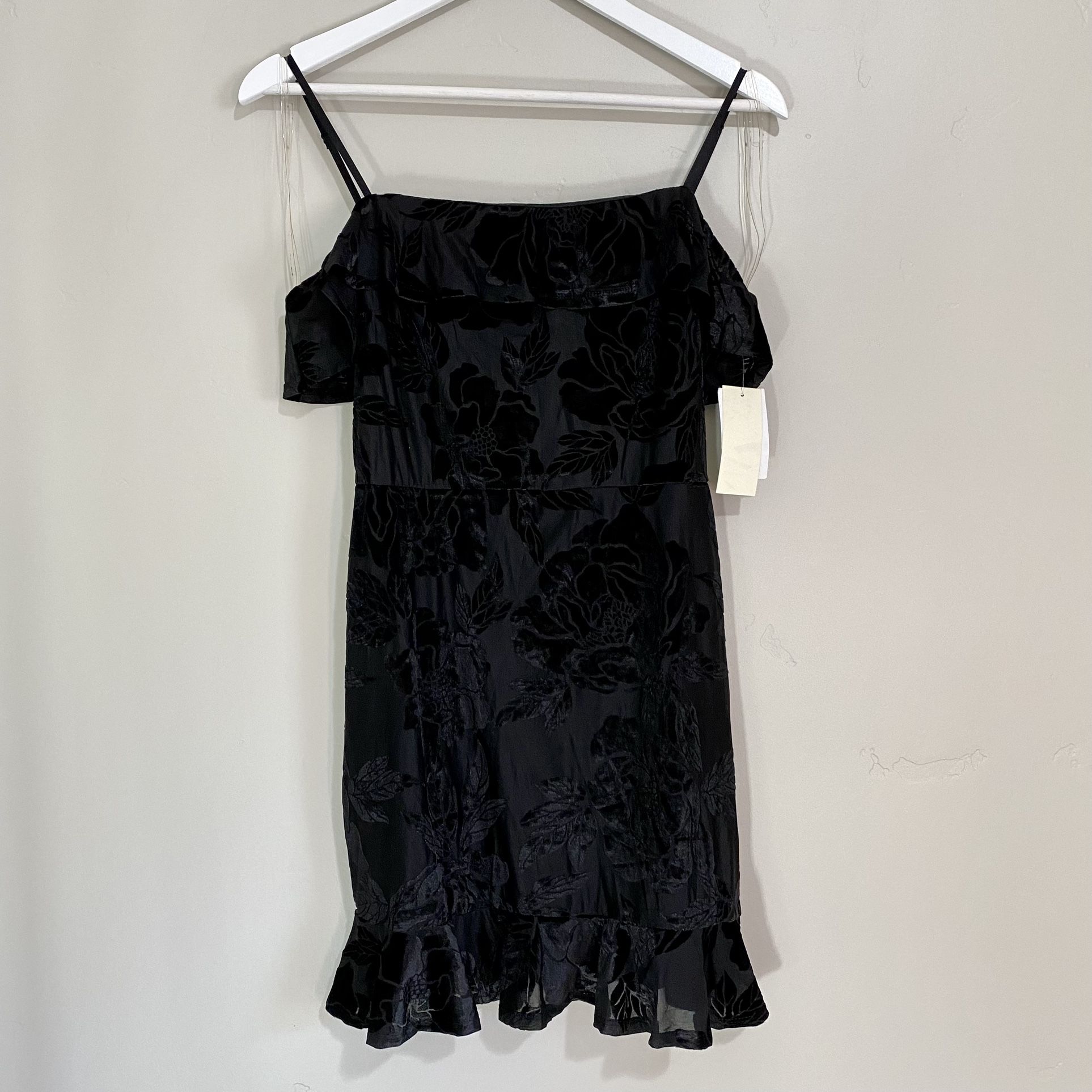 Row A Women’s Velvet Ruffle Floral Dress Slip Dress Club Black Size Medium NWT