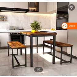 In Stock with 2 Benches MDF Rustic Brown Wooden Dining Table Set Metal Frame Space Saving for 4-6 People Luxury Dining Table Set