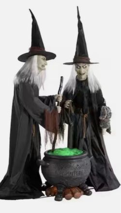 Animated Witch Duo Halloween Decoration with Cauldron