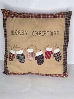 Primitive Merry Christmas Plaid Mitten Applique Throw Pillow 14x14 Rustic Decor