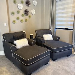 2 Indoor Chaise Loungers & Mirrored accent Table, Charcoal Grey/Gray with piping NEW