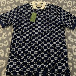 Gucci Logo-Embroidered Cotton Blend Polo Navy