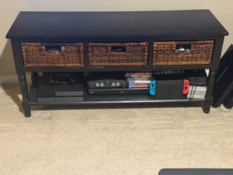 Black Wood TV Stand with Wicker Baskets