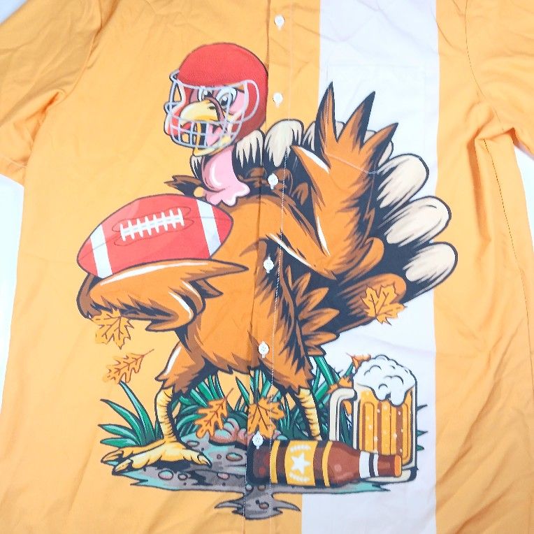 Men's Lg Turkey Beer Football Short Sleeve Hawaiian Shirt Thanksgiving Game Day 