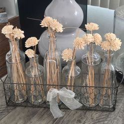Le'raze 7 Peace Clear Bottle Vases in Chicken Wire Basket, for Flowers,Drinks, Rectangle Decorative