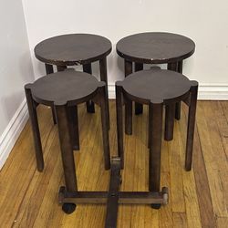 New Stackable Stools Set of 4, Nesting Stools & End Tables with Wheels, 14″ Round Portable Barstools No‑Assembly Stool