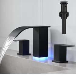 Open Box New RUMOSE LED Bathroom Faucets Set Matte Black 8 inch Bathroom Sink Faucet 3 Hole with Pop Up Drain Widespread Lavatory Waterfall Vanity Fau