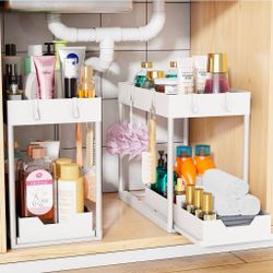 Simple Trending Under Sink Organizer 2 Pack, Sink Pull-Out Sliding Storage Cabinet, 2-Tier Under Shelf Organizer for Kitchen Bathroom, White
