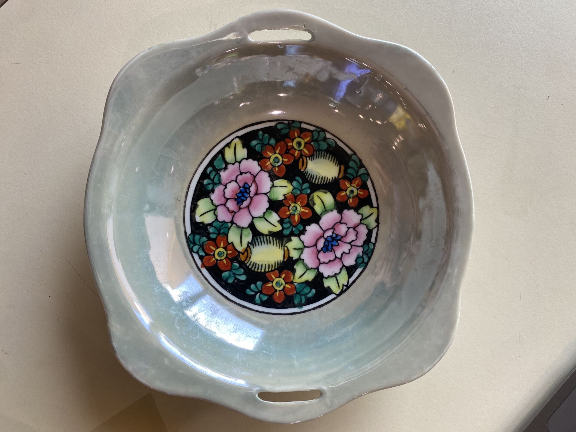 Opal Translucent Hand painted Japanese Serving Dish Mixed Floral Design Catch