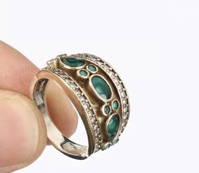Size 8 emerald and topaz bronze and solid .925 silver ring