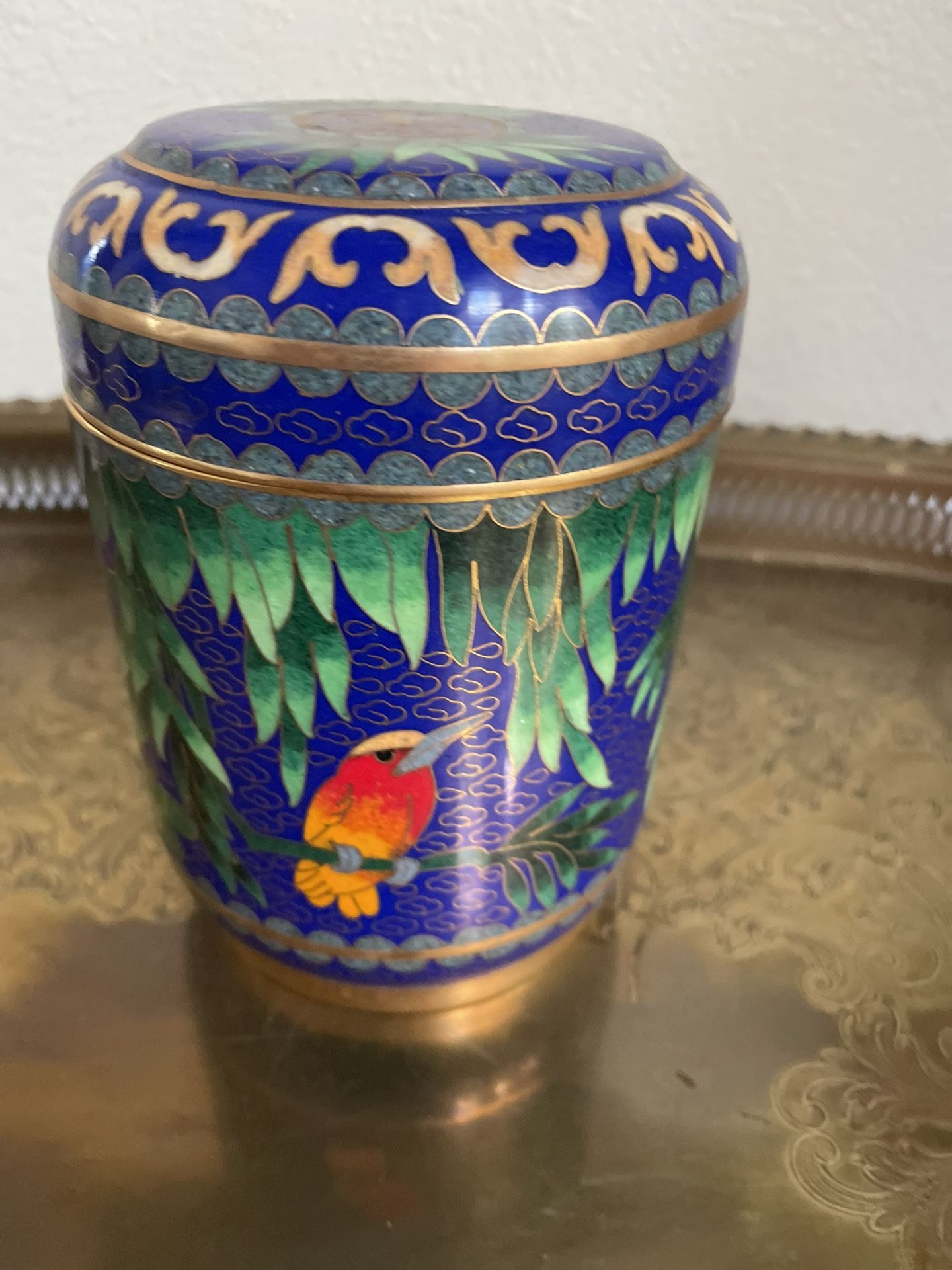 Antique Lidded Cloisonné Round Box 6”T & 4”D