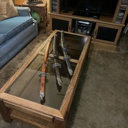 Vintage Oak Coffee Table With Smoke Glass And Bottom Shelf